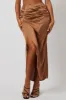 Brown Ruched Maxi Skirt Draped Satin Skirt sold by Ally Fashion