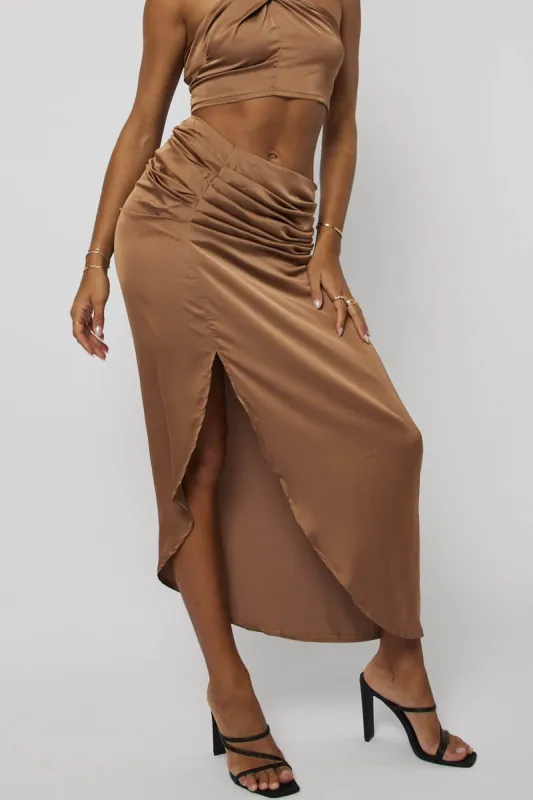 Brown Ruched Maxi Skirt Draped Satin Skirt sold by Ally Fashion