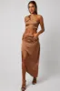 Brown Ruched Maxi Skirt Draped Satin Skirt sold by Ally Fashion