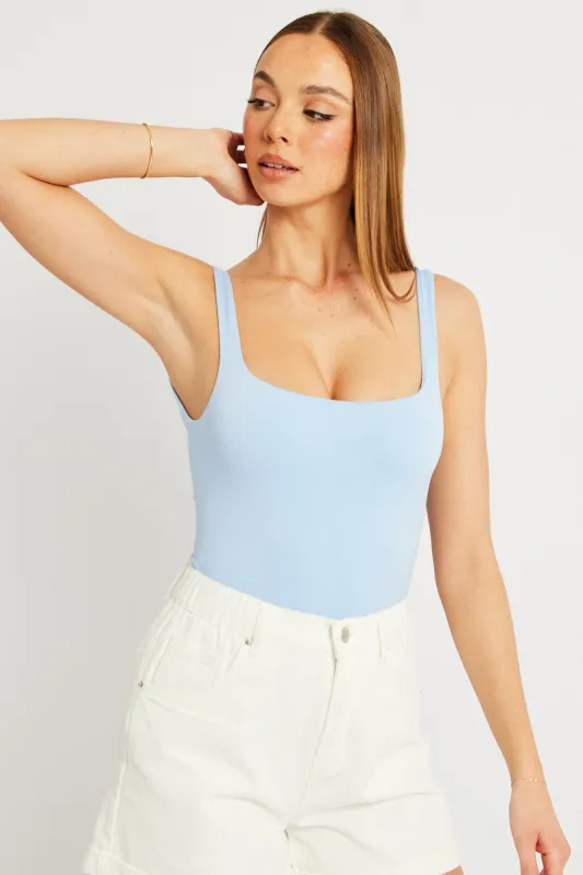 Blue Bodysuit Sleeveless Square Neck Seamless sold by Ally Fashion