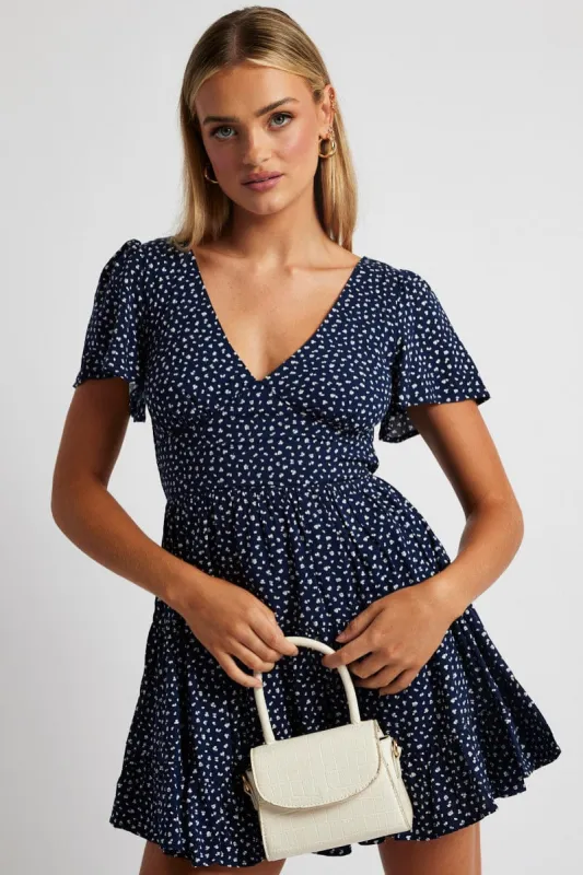 Blue Ditsy Fit And Flare Dress V-neck Mini sold by Ally Fashion