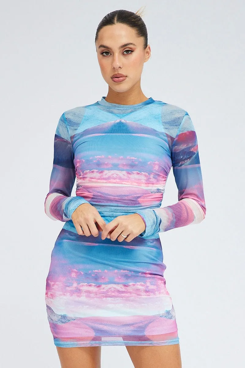 Pink Abstract Mini Dress Long Sleeve Crew Neck Ruched Waist Mesh sold by Ally Fashion product image thumbnail 3