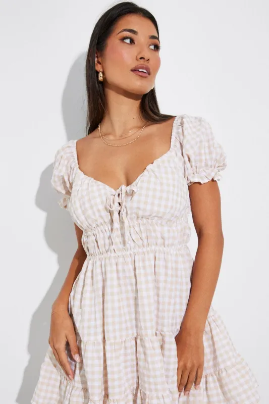 Beige Check Fit and Flare Dress Short Sleeve Tiered sold by Ally Fashion