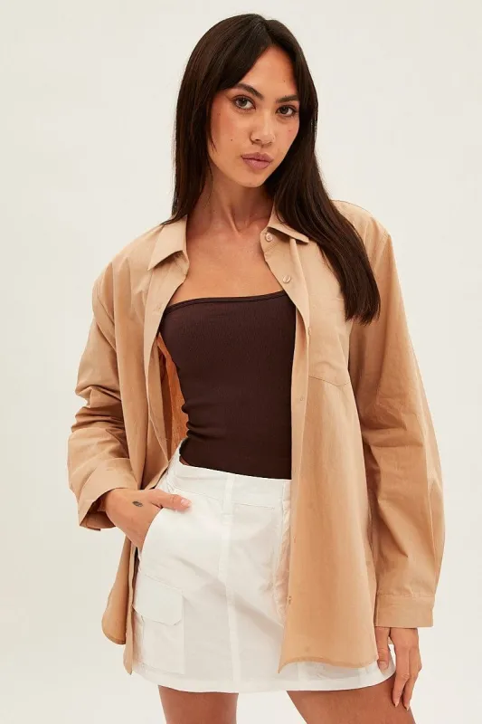Beige Oversized Shirt Long Sleeve Button Front sold by Ally Fashion