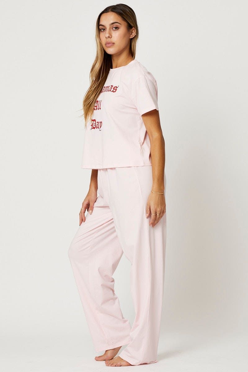 Pink Slogan Long Leg Pyjama Set sold by Ally Fashion product image thumbnail 3