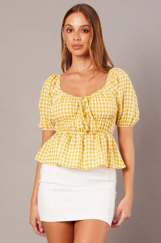 Yellow Check Ruched Peplum Top Short Sleeve sold by Ally Fashion