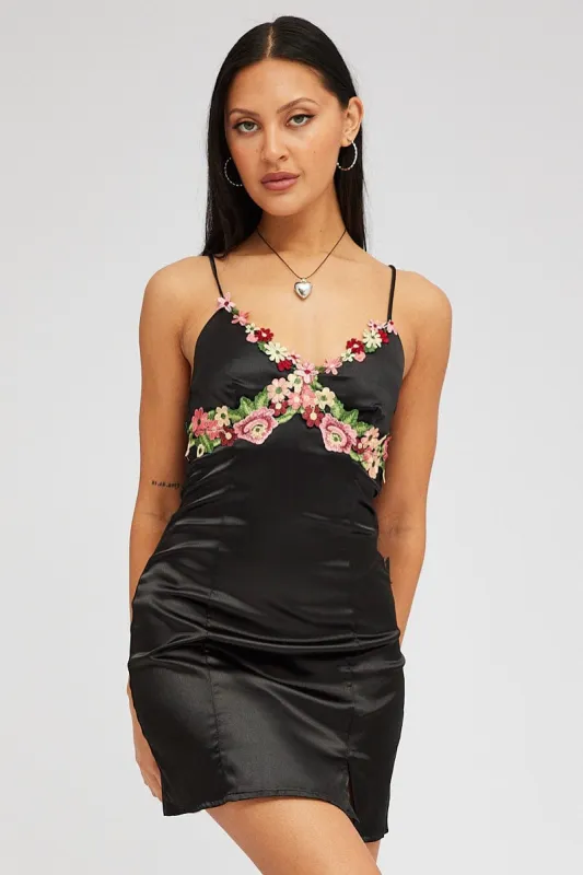 Black Slip Dress Satin Flower Embroidery Applique sold by Ally Fashion