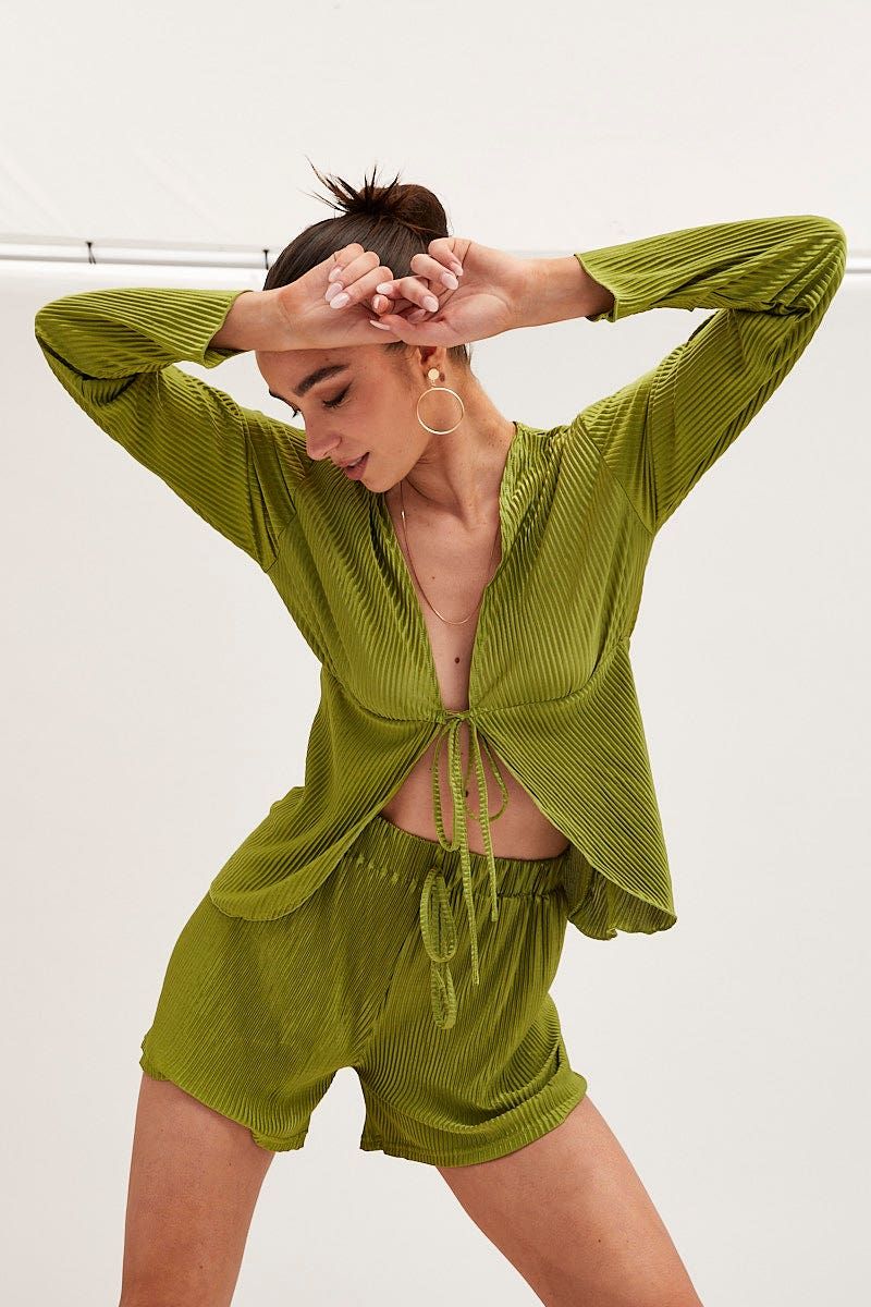 Green Tie Front Long Sleeve Top sold by Ally Fashion product image thumbnail 2