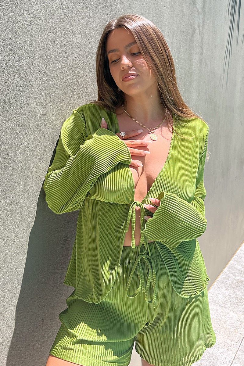 Green Tie Front Long Sleeve Top sold by Ally Fashion