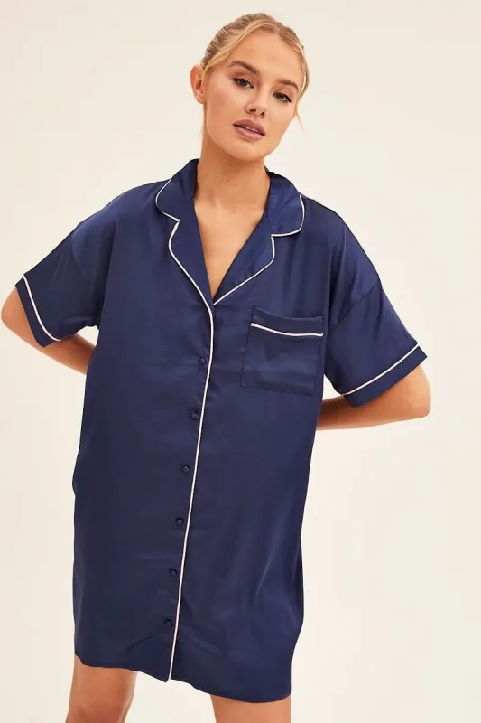 Blue Nightgown Short Sleeve Collared Mini Satin sold by Ally Fashion