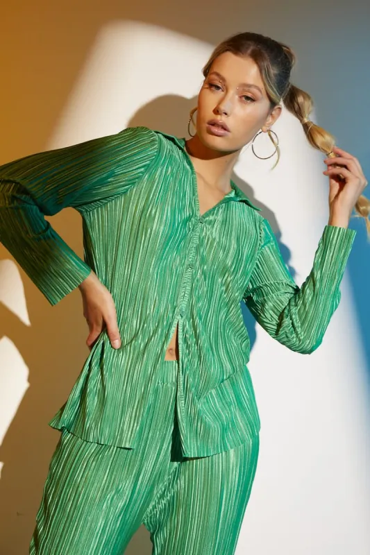 Green Plisse Long Sleeve Shirt sold by Ally Fashion