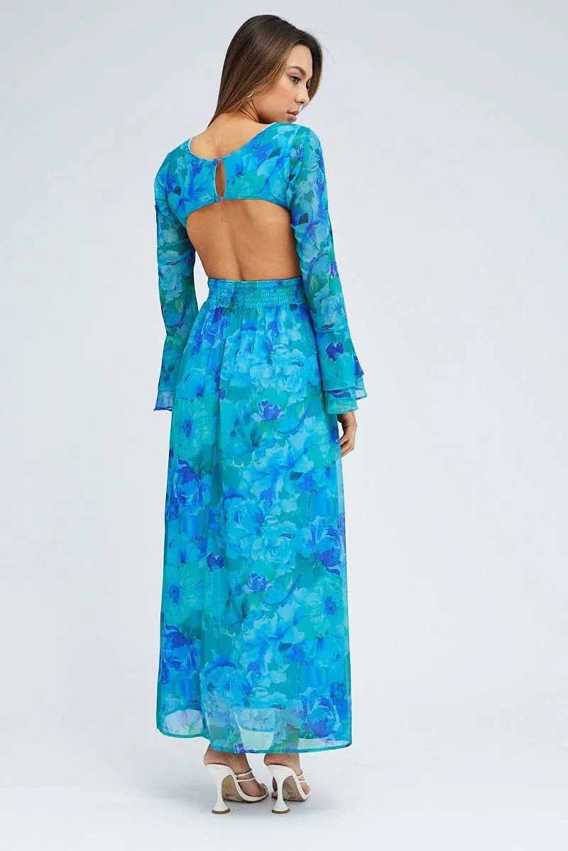 Blue Floral Maxi Dress Flared Sleeve Ring Detail Chiffon sold by Ally Fashion product image thumbnail 5