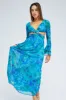 Blue Floral Maxi Dress Flared Sleeve Ring Detail Chiffon sold by Ally Fashion