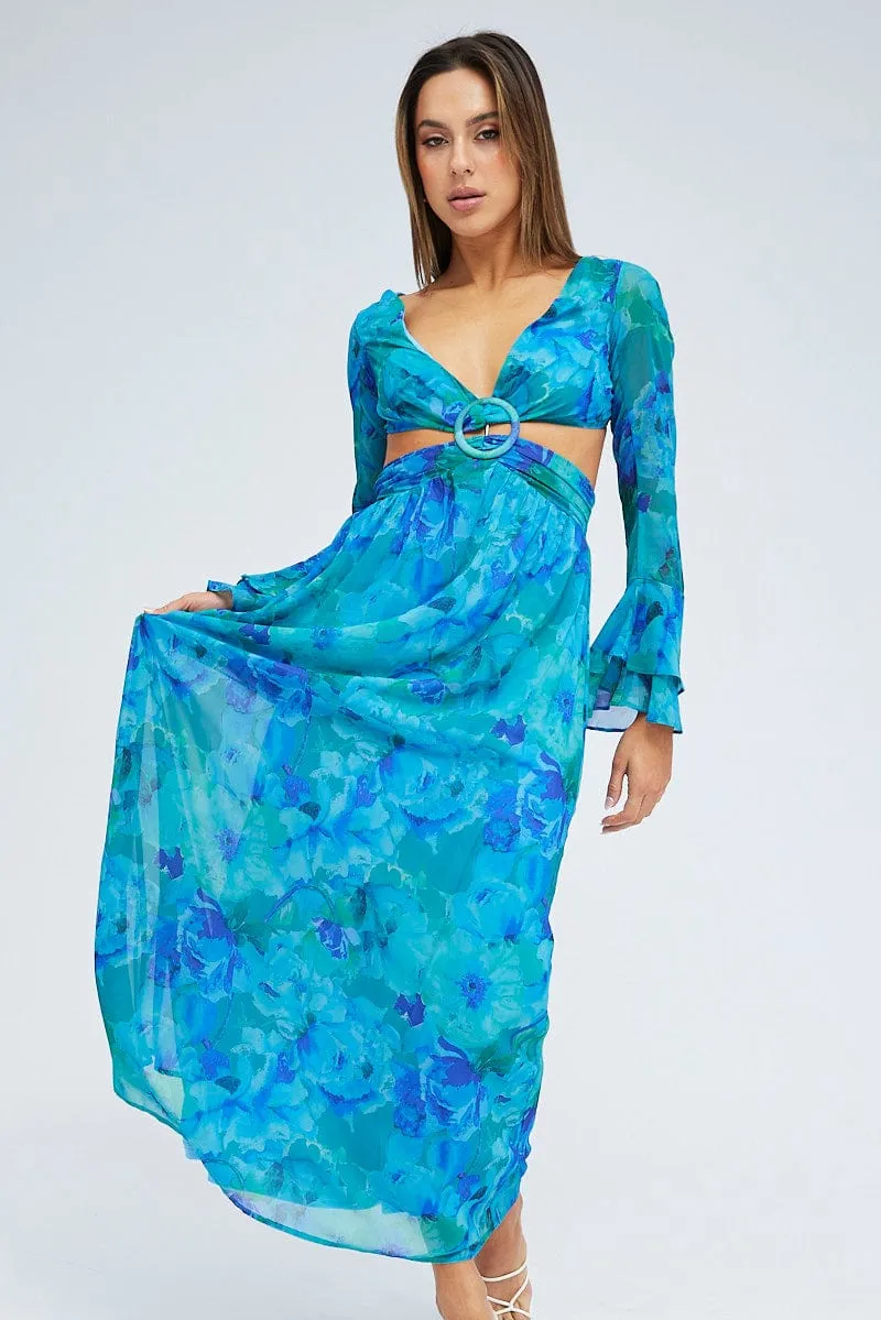 Blue Floral Maxi Dress Flared Sleeve Ring Detail Chiffon sold by Ally Fashion product image thumbnail 2
