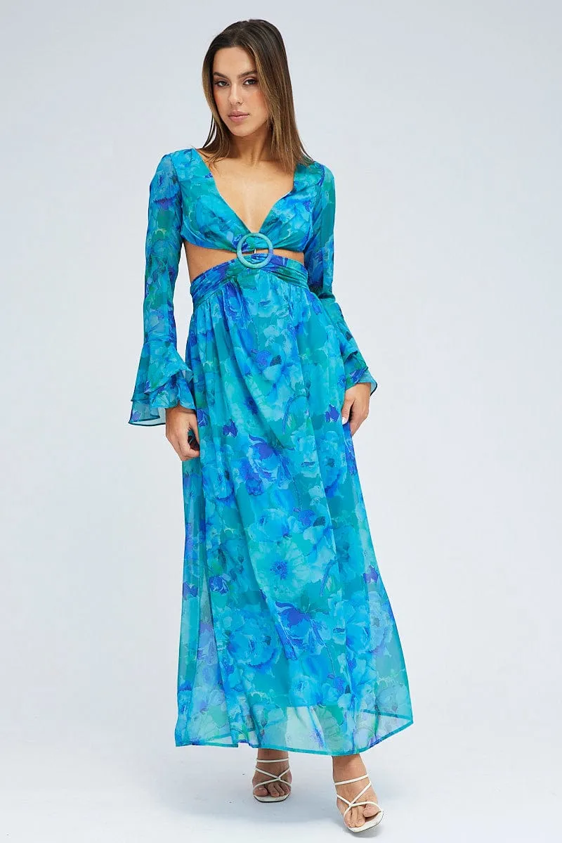 Blue Floral Maxi Dress Flared Sleeve Ring Detail Chiffon sold by Ally Fashion product image thumbnail 3