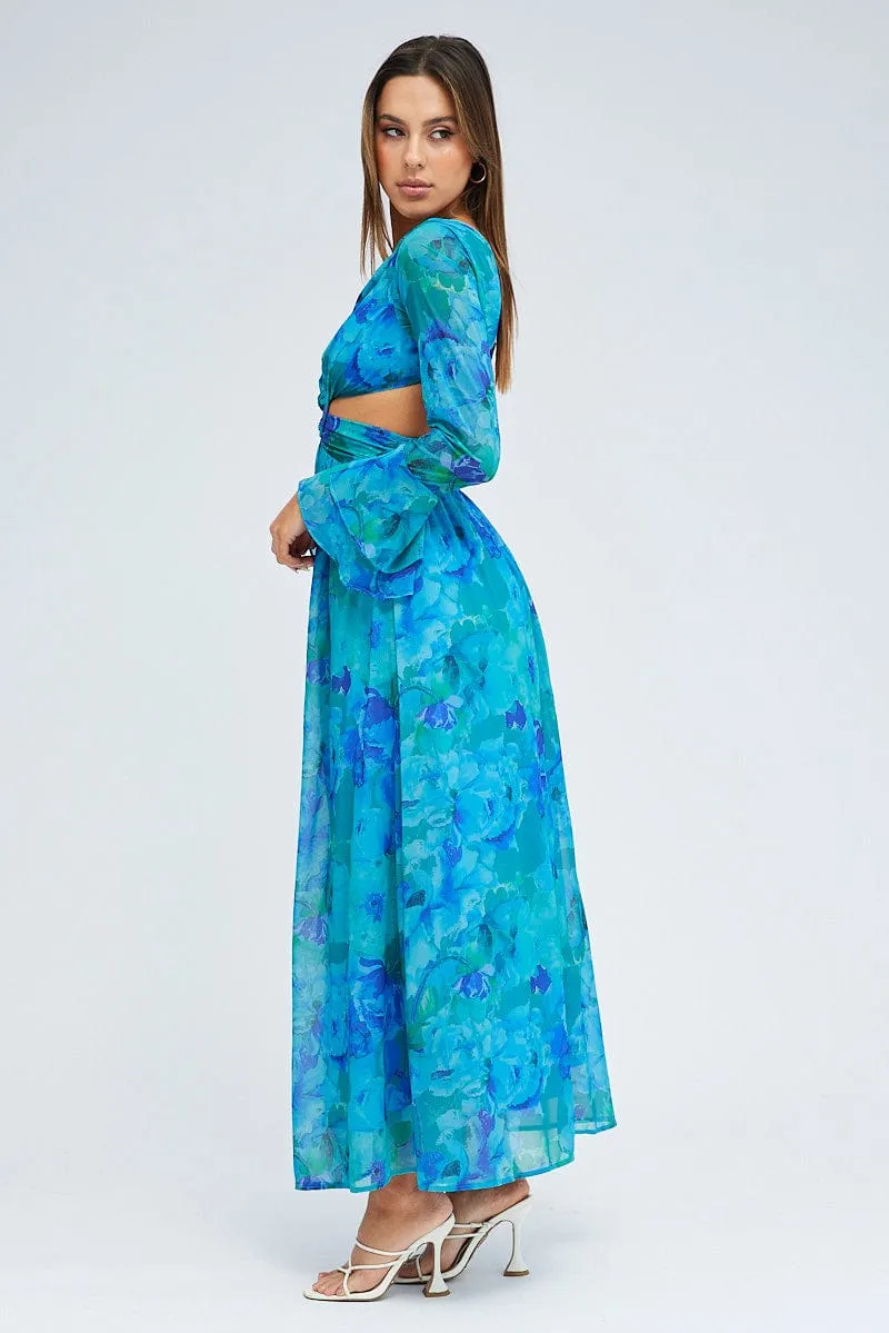 Blue Floral Maxi Dress Flared Sleeve Ring Detail Chiffon sold by Ally Fashion product image thumbnail 4