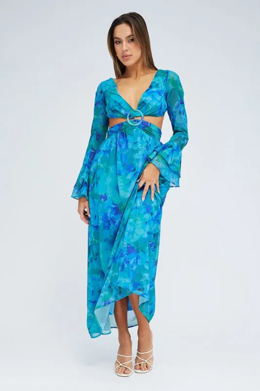 Blue Floral Maxi Dress Flared Sleeve Ring Detail Chiffon sold by Ally Fashion