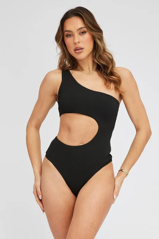 Black One Shoulder Cut Out One Piece Swimsuit sold by Ally Fashion