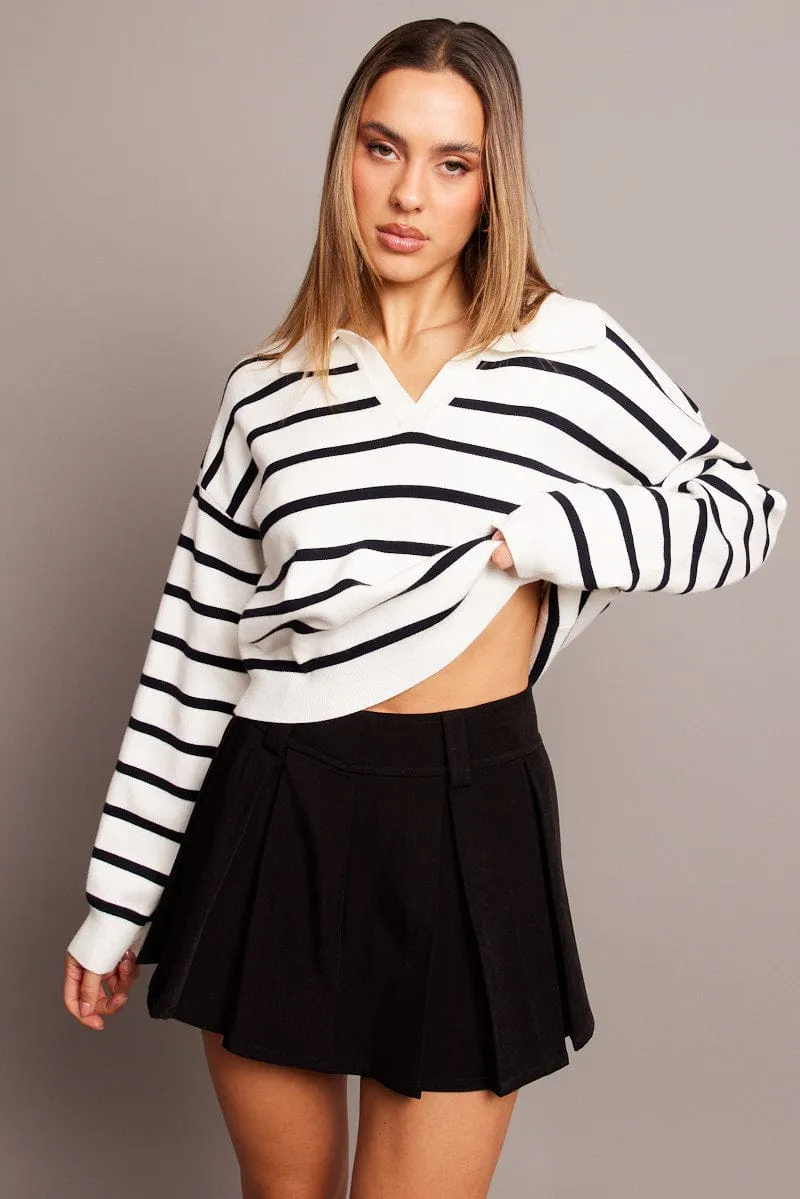 Blue Stripe Knit Top Long Sleeve Collar sold by Ally Fashion