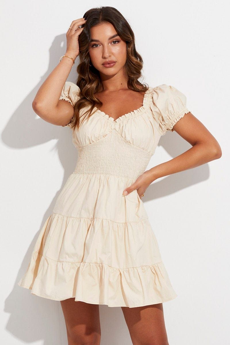 Beige Skater Dress Short Puff Sleeve V Neck Cotton sold by Ally Fashion product image thumbnail 3