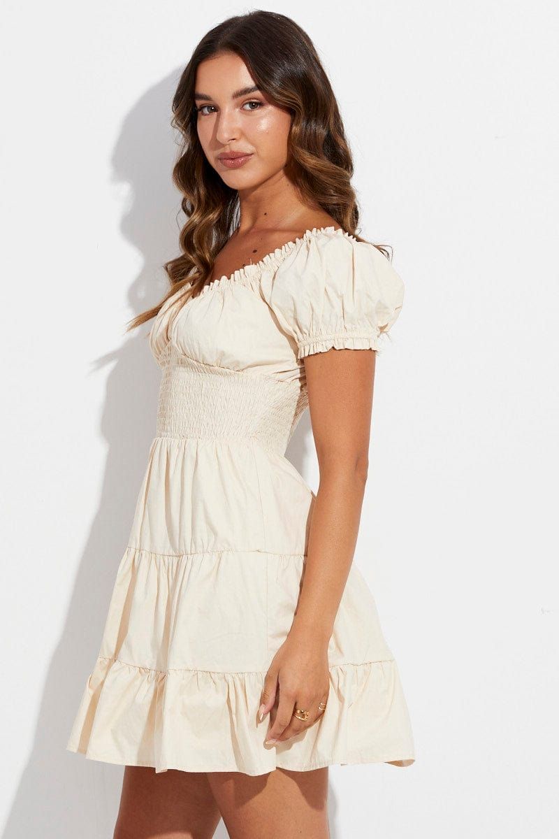 Beige Skater Dress Short Puff Sleeve V Neck Cotton sold by Ally Fashion product image thumbnail 4