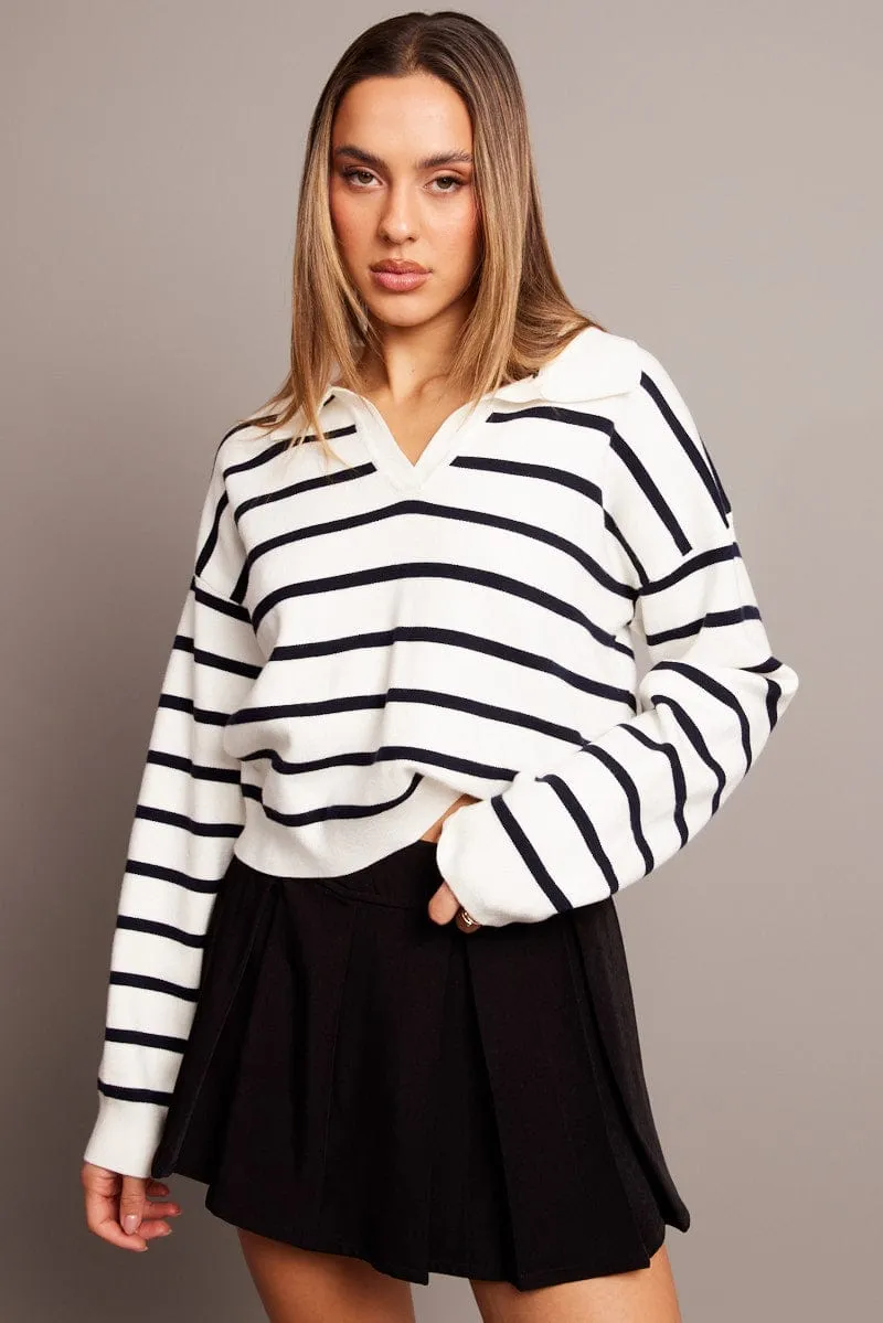 Blue Stripe Knit Top Long Sleeve Collar sold by Ally Fashion product image thumbnail 3