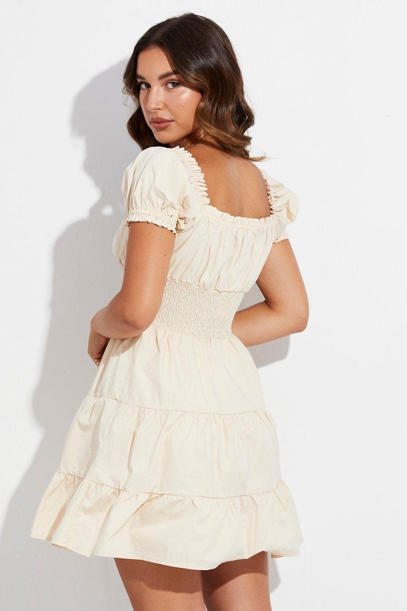 Beige Skater Dress Short Puff Sleeve V Neck Cotton sold by Ally Fashion product image thumbnail 5