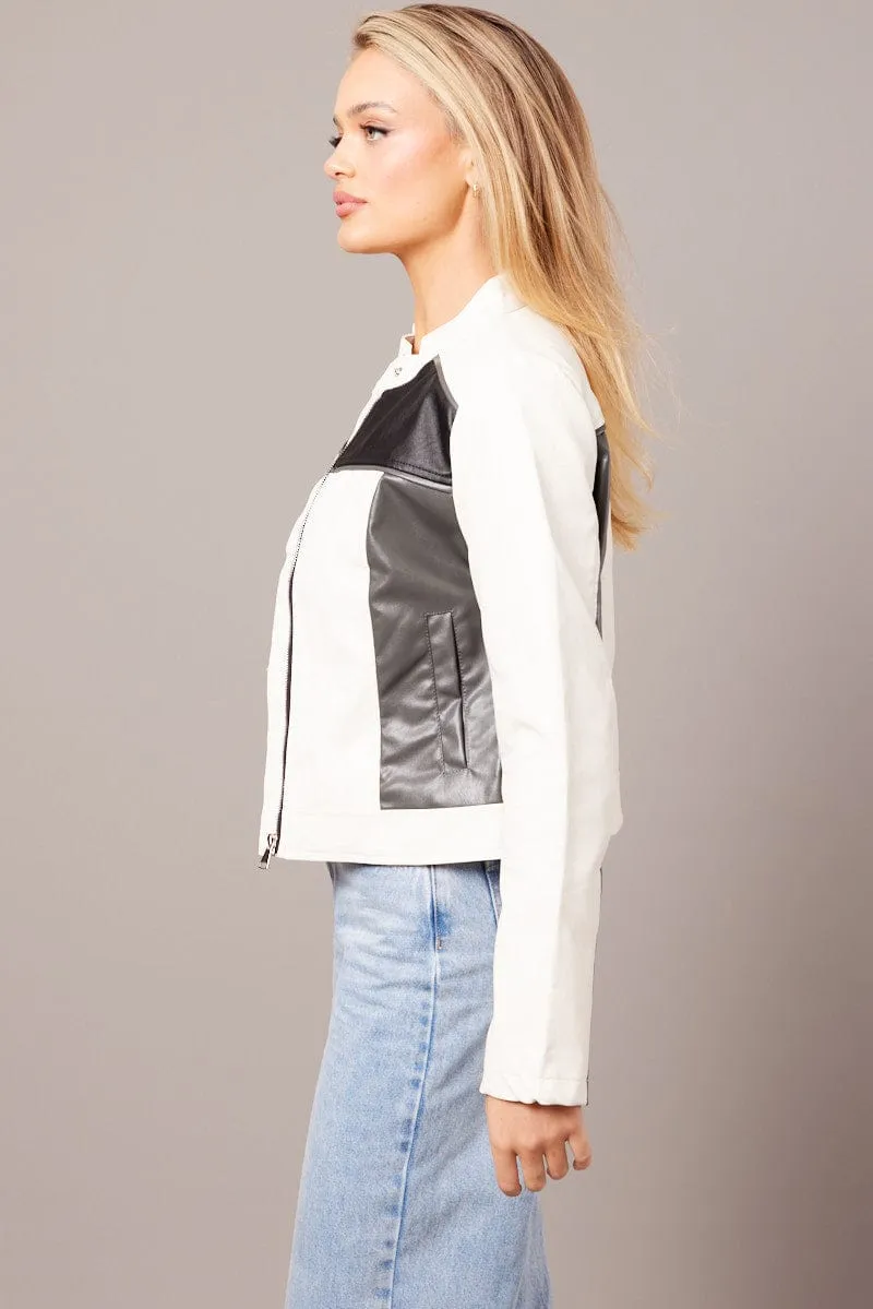 Grey Jacket Colour Block Long Sleeve Zip Faux Leather sold by Ally Fashion product image thumbnail 4
