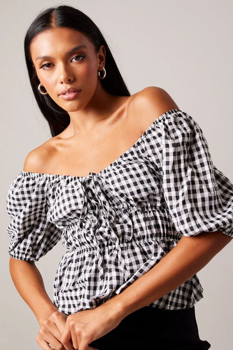 Yellow Check Ruched Peplum Top Short Sleeve sold by Ally Fashion product image thumbnail 3