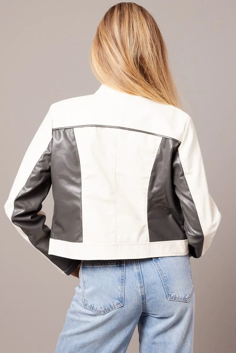 Grey Jacket Colour Block Long Sleeve Zip Faux Leather sold by Ally Fashion product image thumbnail 5