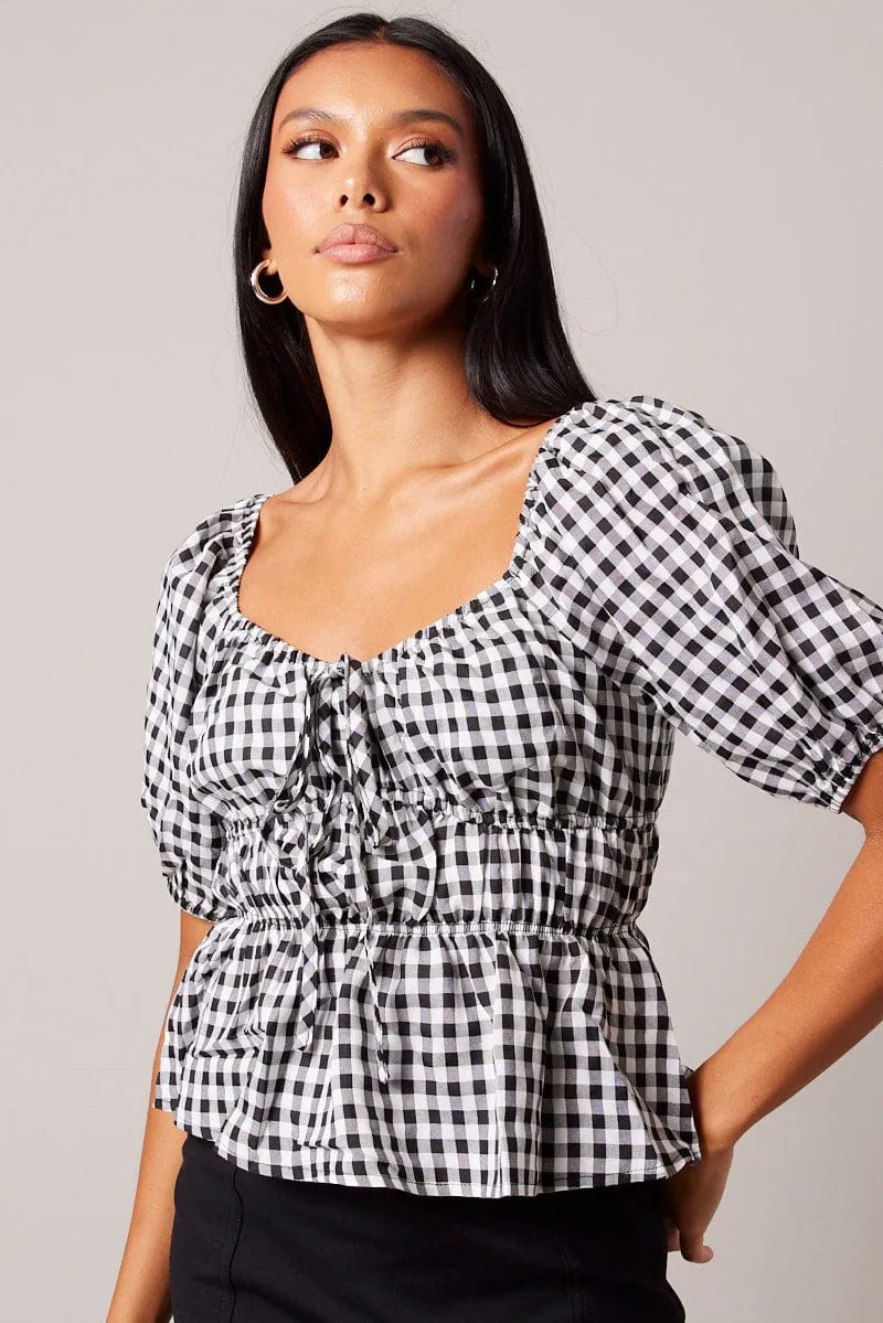 Yellow Check Ruched Peplum Top Short Sleeve sold by Ally Fashion