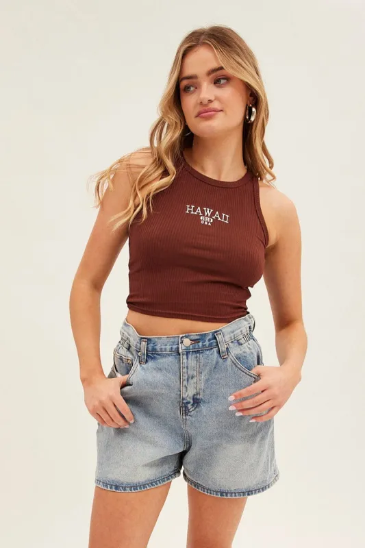 Brown Hawaii Crew Neck Sleeveless Graphic Tank sold by Ally Fashion