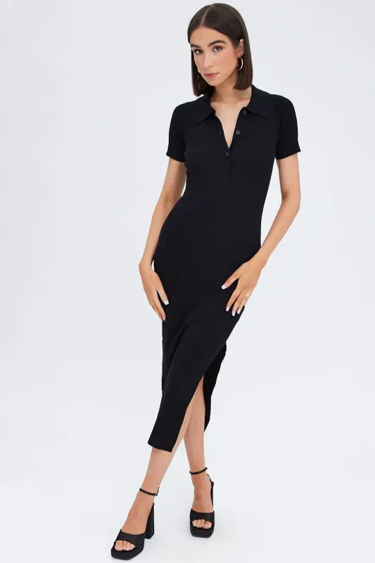 Black Knit Dress Short Sleeve Maxi Collared sold by Ally Fashion