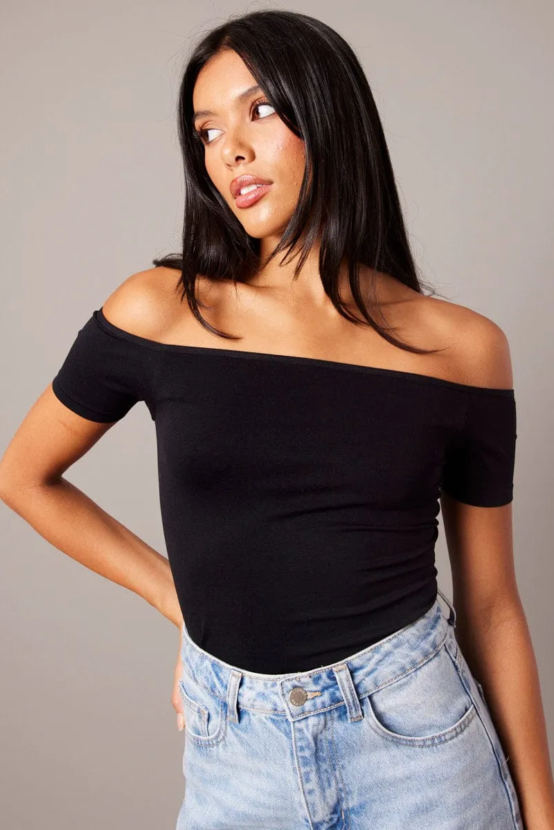 Black Off Shoulder Top Short Sleeve Seamless sold by Ally Fashion