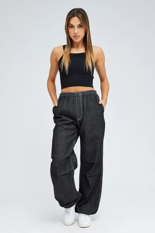 Black Parachute Denim Jean Elastic Waist sold by Ally Fashion