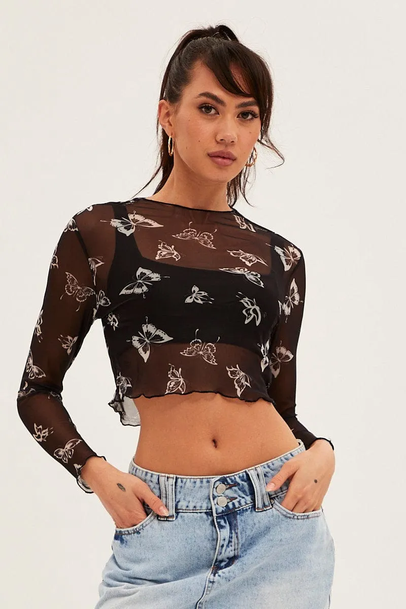 Black Mesh Long Sleeve Crop Top sold by Ally Fashion product image thumbnail 3