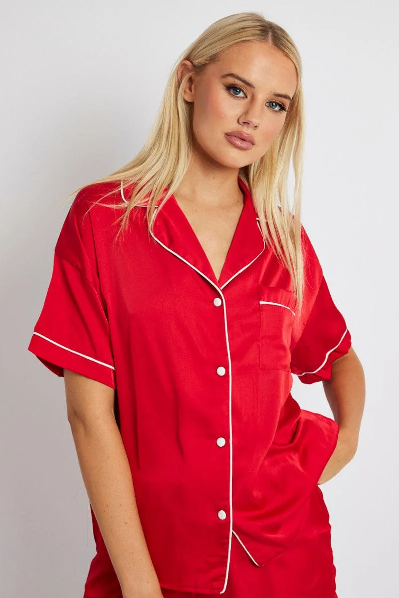 Red Pyjama Set Satin Short Sleeve Contrast Piping PJ sold by Ally Fashion product image thumbnail 3