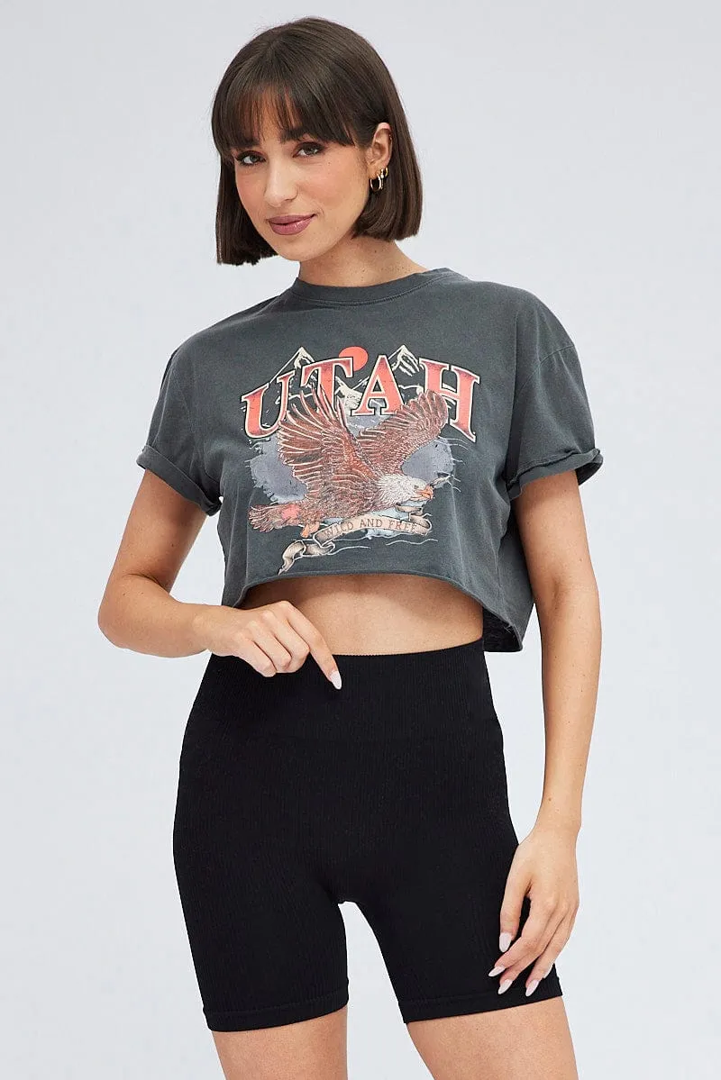 Grey Crop Tee Short Sleeve Graphic Print sold by Ally Fashion