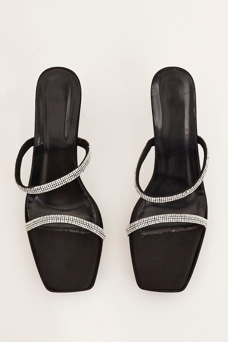 Black Rhinestone Decor Square Toe Mule Heeled Sandals sold by Ally Fashion