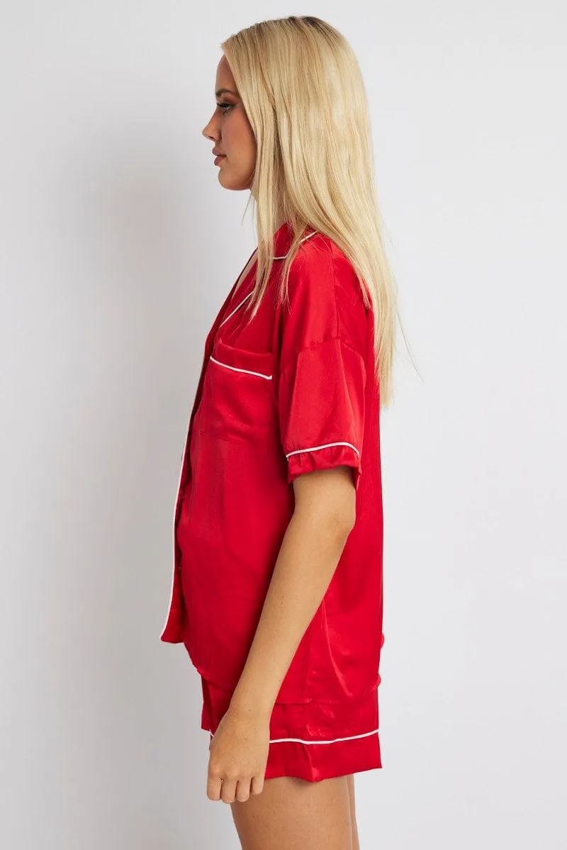 Red Pyjama Set Satin Short Sleeve Contrast Piping PJ sold by Ally Fashion product image thumbnail 4