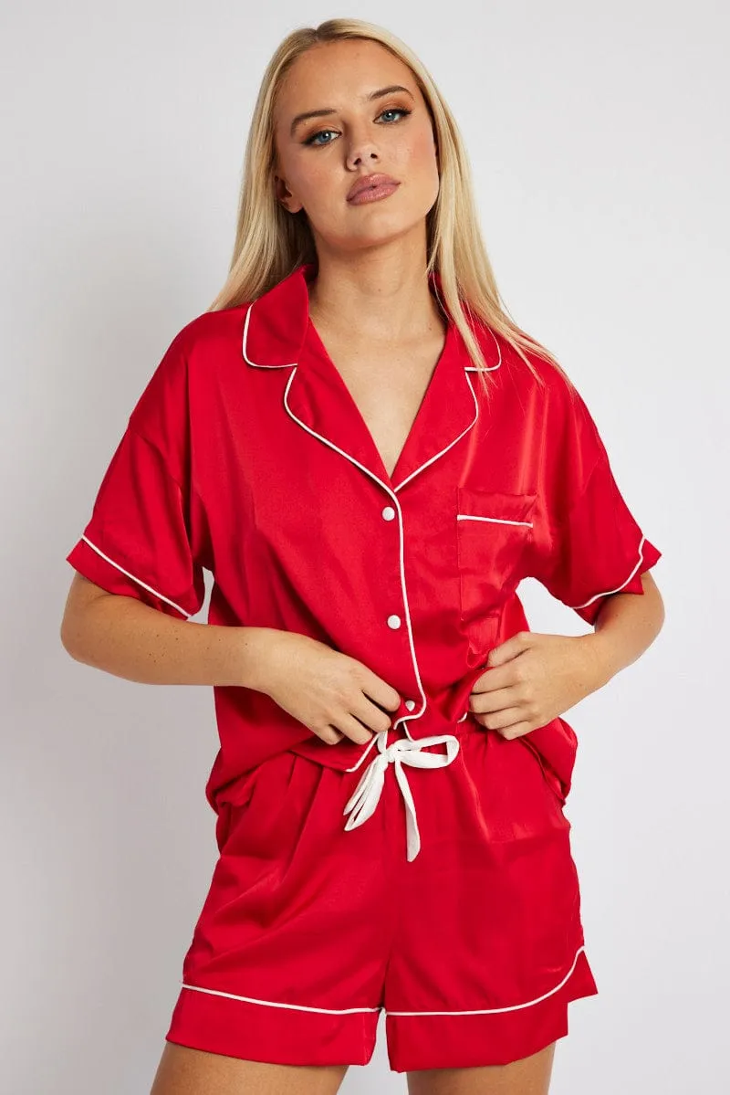 Red Pyjama Set Satin Short Sleeve Contrast Piping PJ sold by Ally Fashion