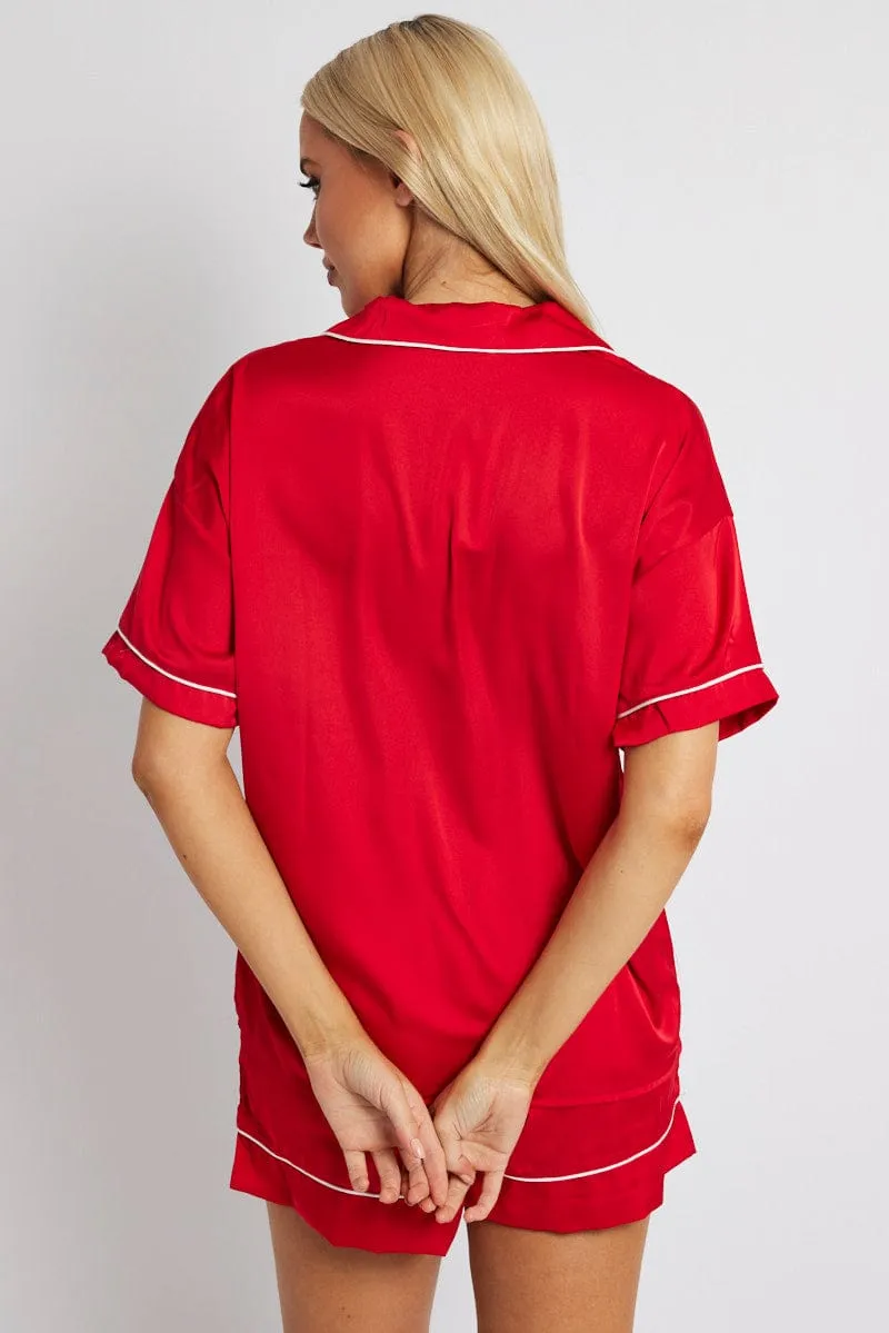 Red Pyjama Set Satin Short Sleeve Contrast Piping PJ sold by Ally Fashion product image thumbnail 5