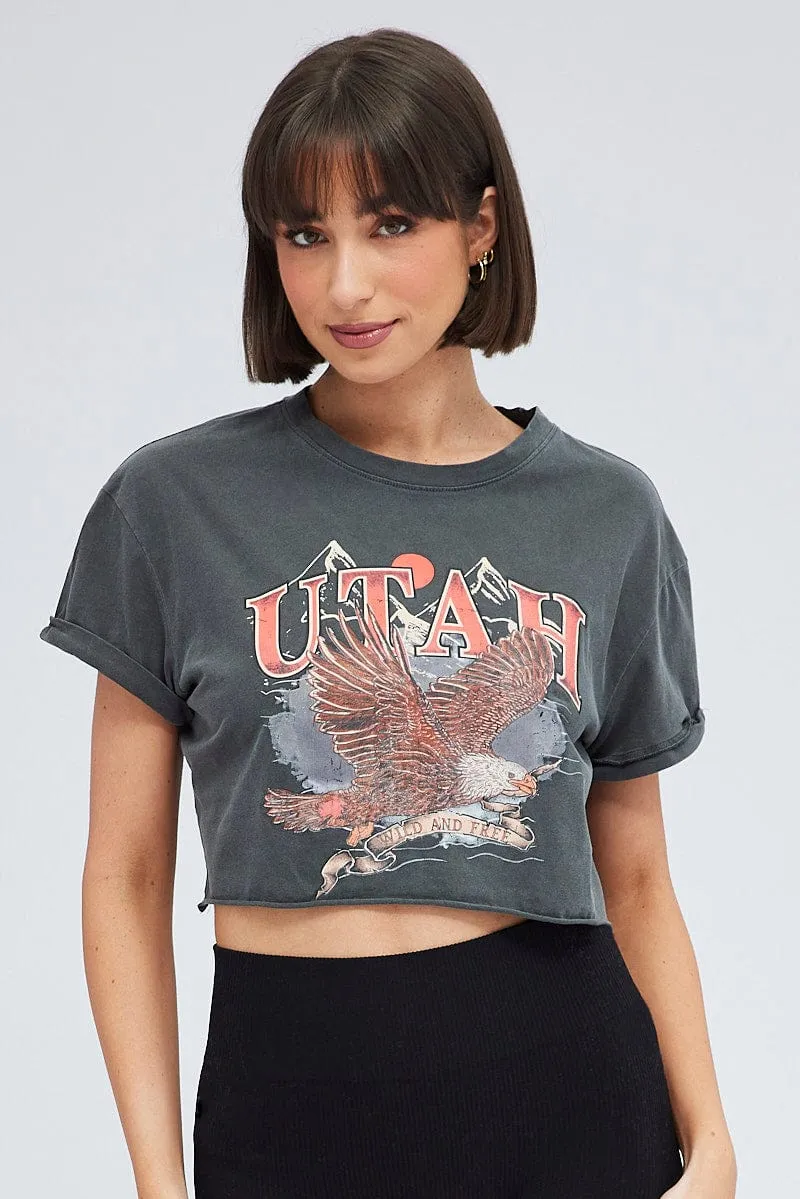 Grey Crop Tee Short Sleeve Graphic Print sold by Ally Fashion product image thumbnail 3