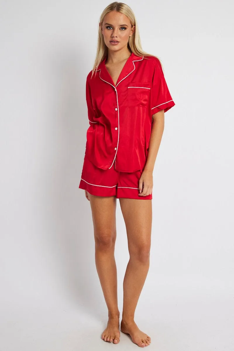 Red Pyjama Set Satin Short Sleeve Contrast Piping PJ sold by Ally Fashion product image thumbnail 2
