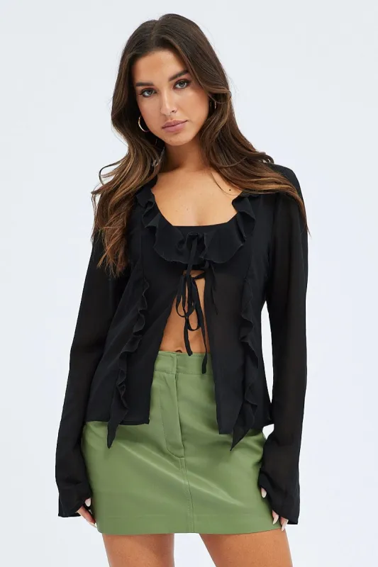 Black Tie Front Top Long Sleeve V Neck Ruffled Frills sold by Ally Fashion