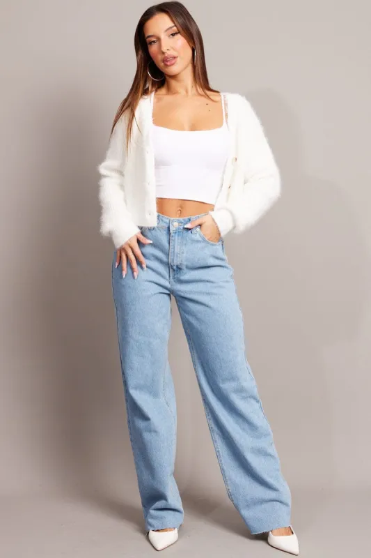 White Fluffy Knit Cardigan Long Sleeve V Neck sold by Ally Fashion