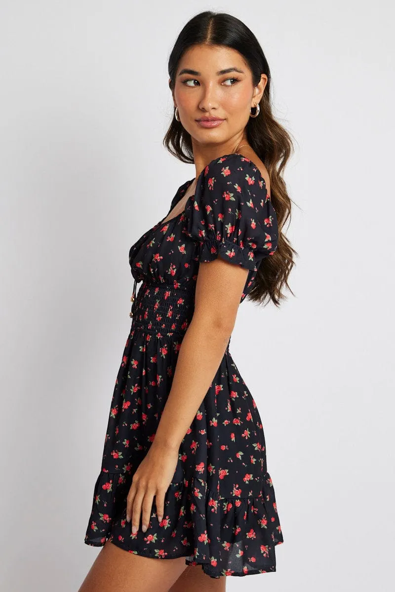 Black Floral Fit And Flare Dress Puff Sleeve Mini sold by Ally Fashion product image thumbnail 4
