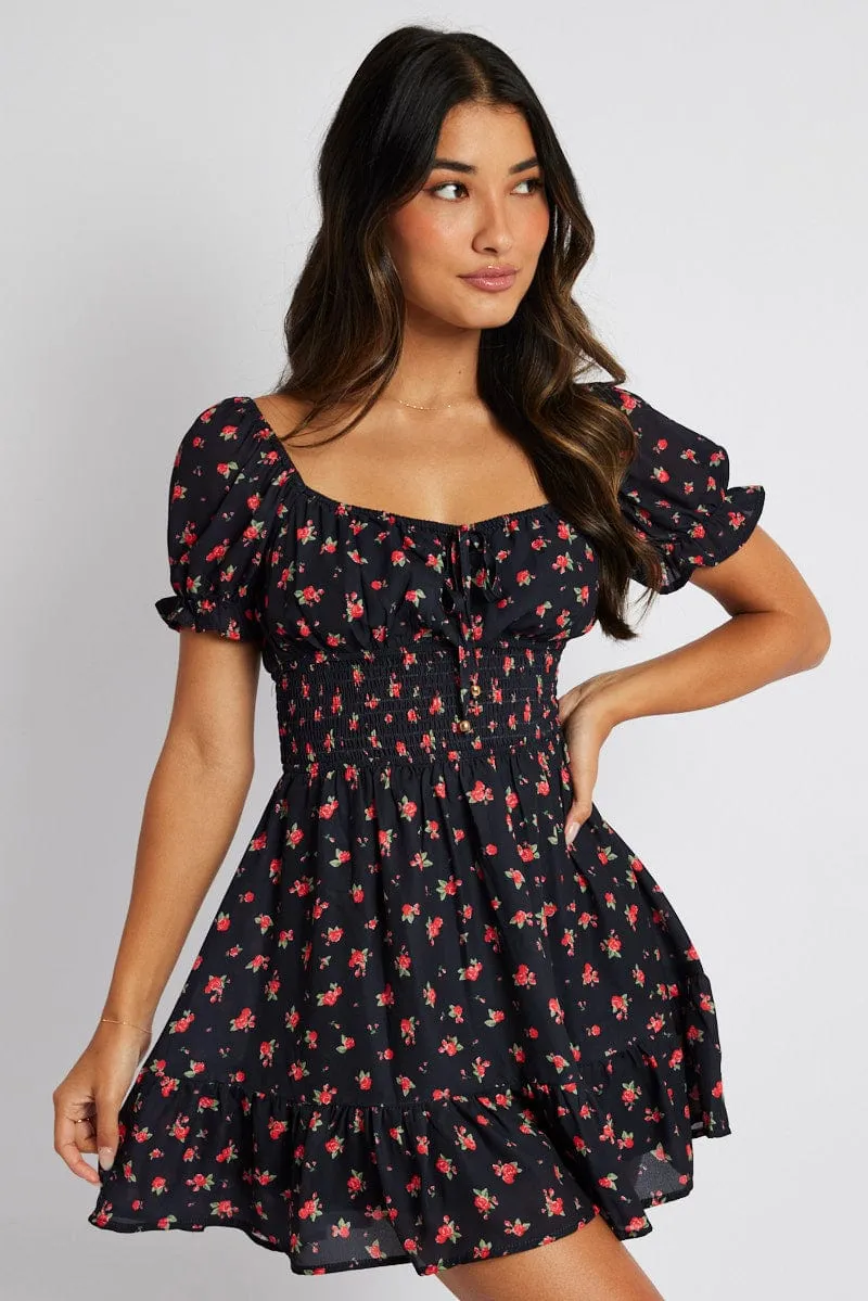 Black Floral Fit And Flare Dress Puff Sleeve Mini sold by Ally Fashion