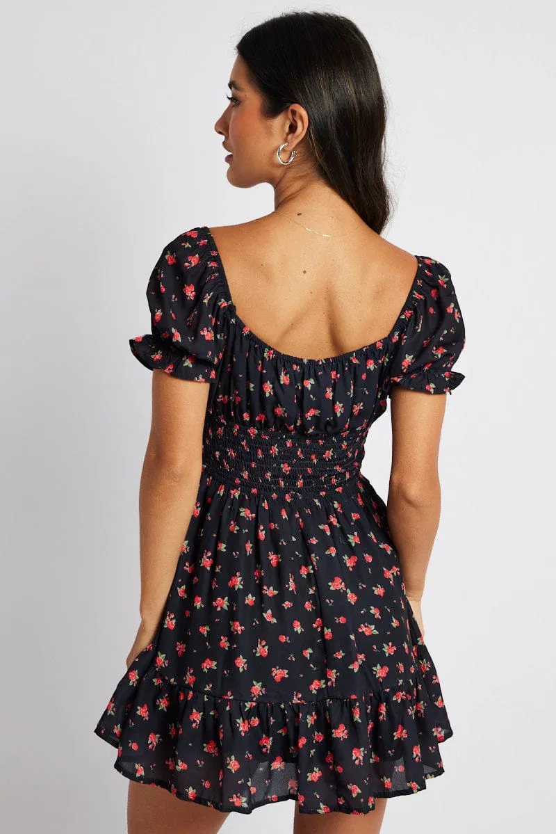 Black Floral Fit And Flare Dress Puff Sleeve Mini sold by Ally Fashion product image thumbnail 5