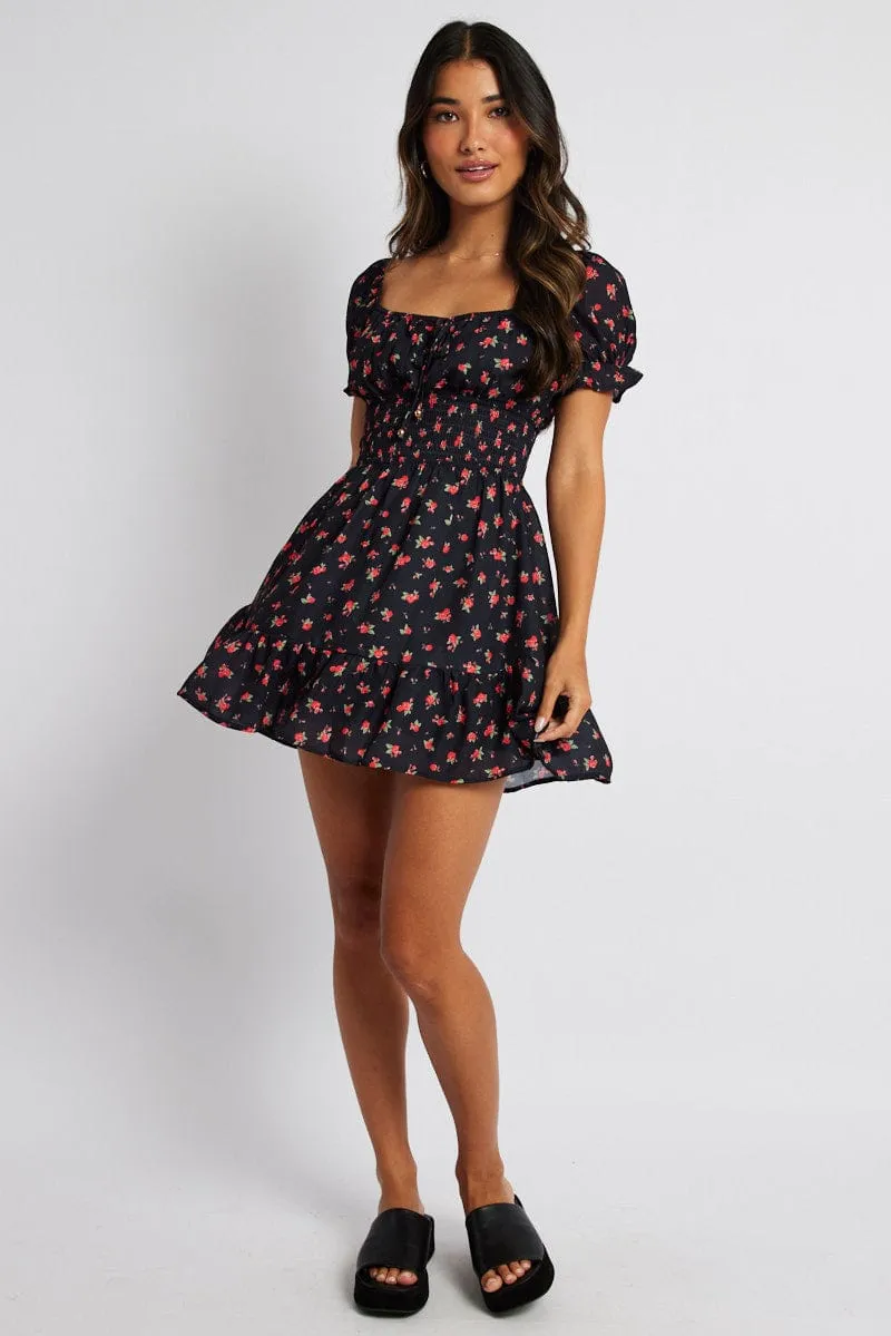Black Floral Fit And Flare Dress Puff Sleeve Mini sold by Ally Fashion product image thumbnail 2